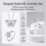 SANNIDHI® 4 Pcs Jewellery Set for Women Girls Crystal Butterfly Chain Pendant Necklace Adjustable Finger Rings Studs Earrings Stylish Necklace Set Valentine Birthday Gift for Women, Girls - Image 7