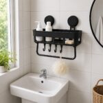Multipurpose Wall Mounted Bathroom Shelf – Plastic Wall Stand with Towel Bar & Hook | Bathroom Accessories Organizer Rack for Kitchen & Home Storage (1 Pcs)