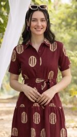 Bollyclues Women's Maroon Printed Midi Dress | Viscose Rayon Shirt Collar Dress with Waist Tie Belt | Short Sleeve Tiered A-Line Casual Summer Dress for Women - Image 3