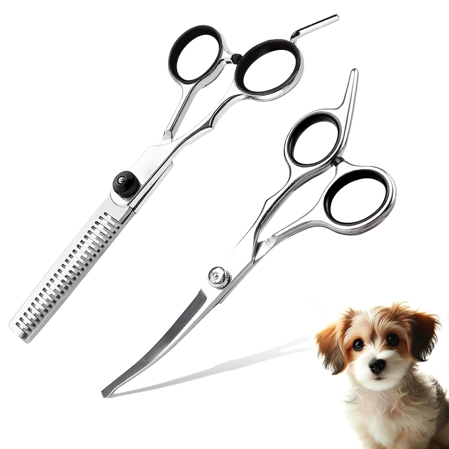 61XRQh-OiIL._SL1500_.jpg 2 PCS Dog Grooming Scissors, Pet Hair Cutting Scissors, Professional Set for Sensitive Pets, Face and Paw Trimming, Left-Handed and Right-Handed Users, Curved and Thinning Blades - Image 1