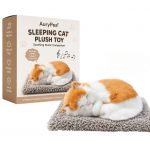 Realistic Sleeping Cat Plush Toy & Sound, Musical Pillow Furry Cute Kitty Animal for Car Office Gift Home, Brown, White, Grey, 10 cm
