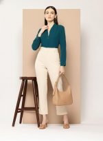 Women's Formal Shirt, Teal Green, V-Neck, Full Sleeves,Relaxed Fit - Image 4