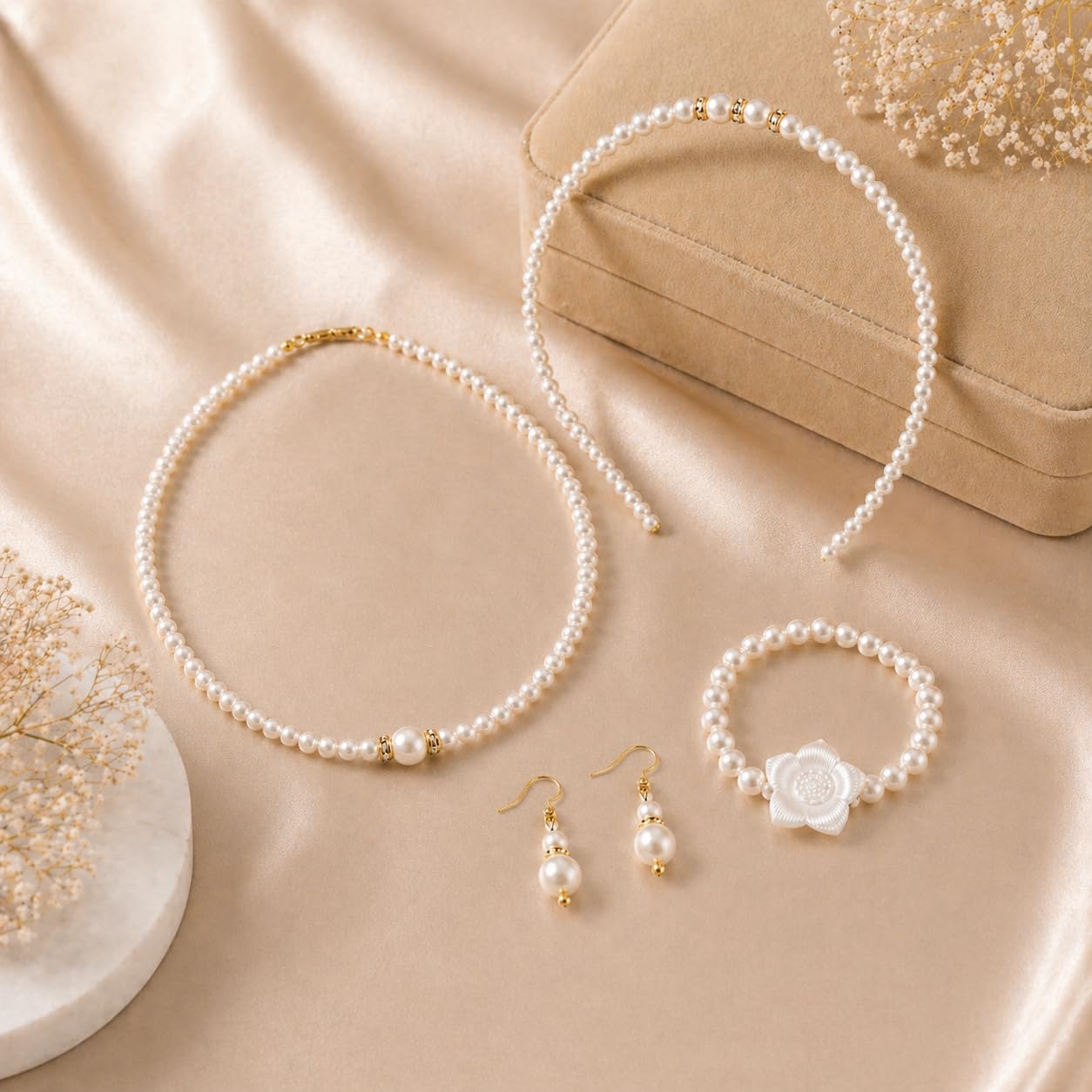 61YOYIRFg9L._SL1254_.jpg 4 Piece Pearl Jewelry Set for Girls | Pearl Hair Band, Necklace, Bracelet & Earrings Set | Kids Fashion Accessories for Wedding, Birthday Party, School Functions & Special Occasions - Image 1