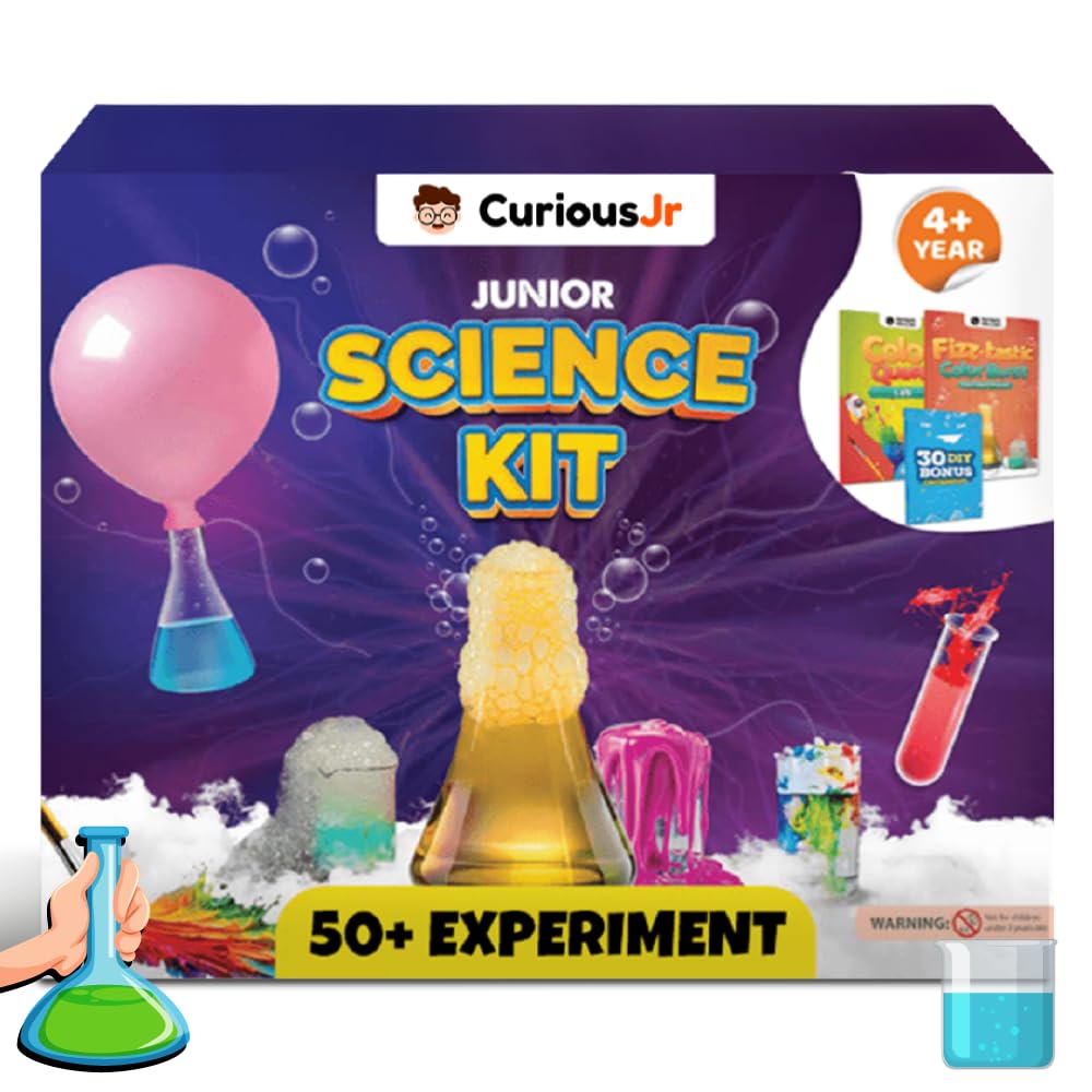 61Z1VxaS6CL._SL1000_.jpg Junior Science Kit for Kids Age 4-14 Years Old, 50+ Science Experiments Including DIY - Under Water Volcano, Exploding Art, Balloon Inflator & More | Birthday Gift | Educational Toy | Stem Learning | DIY STEM Kit, Colour Quest, 30 Bonus Experiments, Birthday Gift for Kids - Image 1