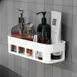 Wall Mounted Bathroom Shelf Organizer, (Pack of 2) Self-Adhesive Plastic Shower Caddy with Drain Holes, Multi-Compartment Toiletry Holder for Toothbrush and Skincare, White Storage Rack