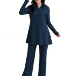 TADKEE Women's Solid Color Two-Piece Set | Long Sleeve Top & Wide Leg Pants Co-ord Set | Casual Wear Co ord Set
