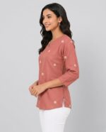 Women Peach Embroidered Cotton Short Kurti | Casual Office & College Kurti Top for Girls - Image 2