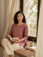 SAADAA Airy Linen Split Neck Short Kurta for Women | Casual & Office Wear | 3/4 Sleeves, Comfortable Fit | Elegant Top | Lightweight & Breathable Fabric | - Image 2
