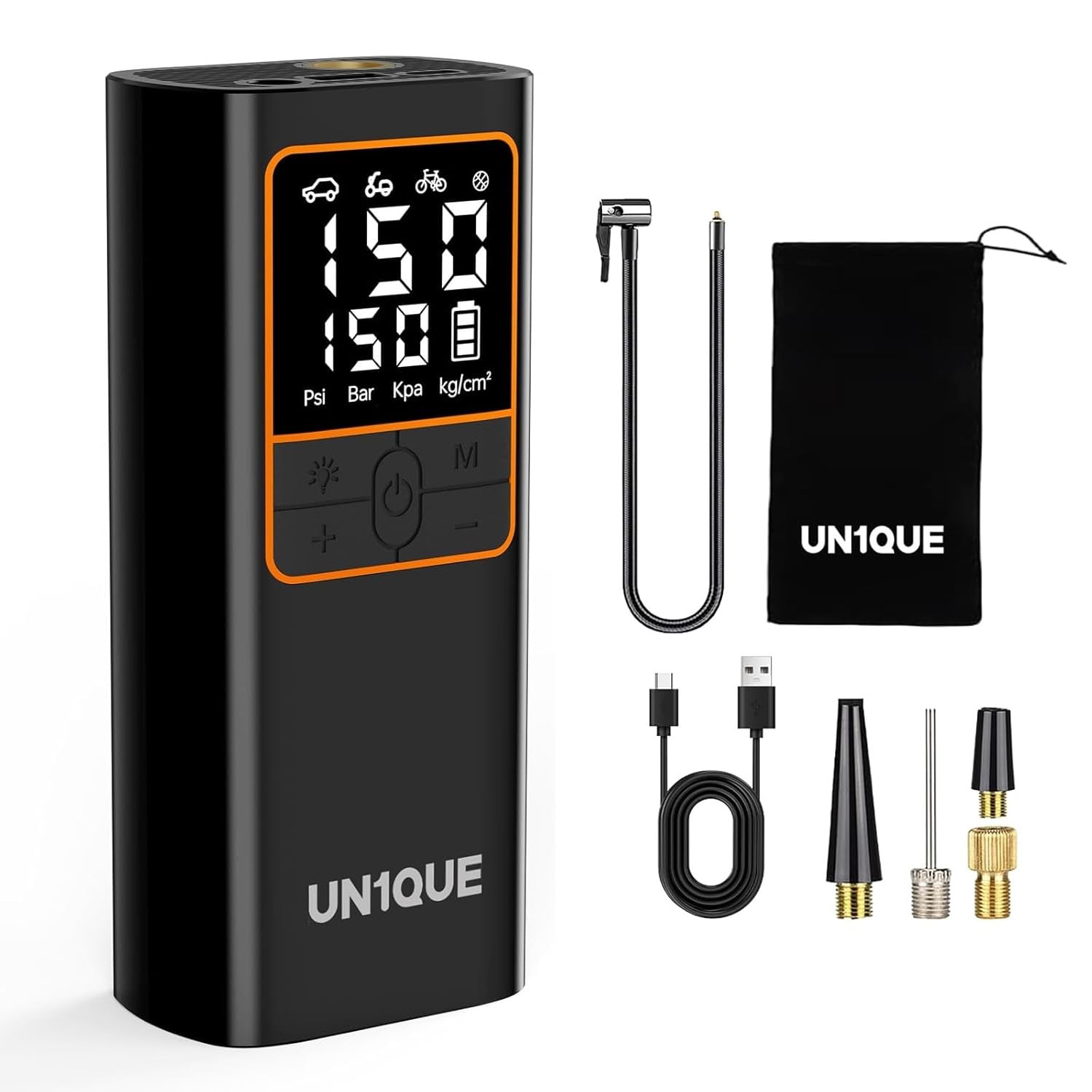 61eRznzqwHL._SL1500_.jpg UN1QUE PT600 Cordless Tyre inflator for Car and Bike,150 PSI,6000 mAh Car Air Pump with LED Flash Light,Digital Display,Auto Shutoff Air Inflator for Cars,Bikes,Motorcycles,Balls - Image 1