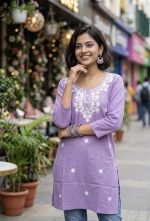 Women’s Short Kurti Floral Embriodery Ethnic Top 3/4 Sleeves Comfortable Regular Fir Kurta for Jeans Leggings Casual Summer Traditional Office Outfits for Girls - Image 2