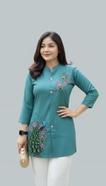 Kevin Women Rayon Peacock & Flower Print Short Kurti for Women | Stylish Casual Ethnic Tunic Top - Image 2