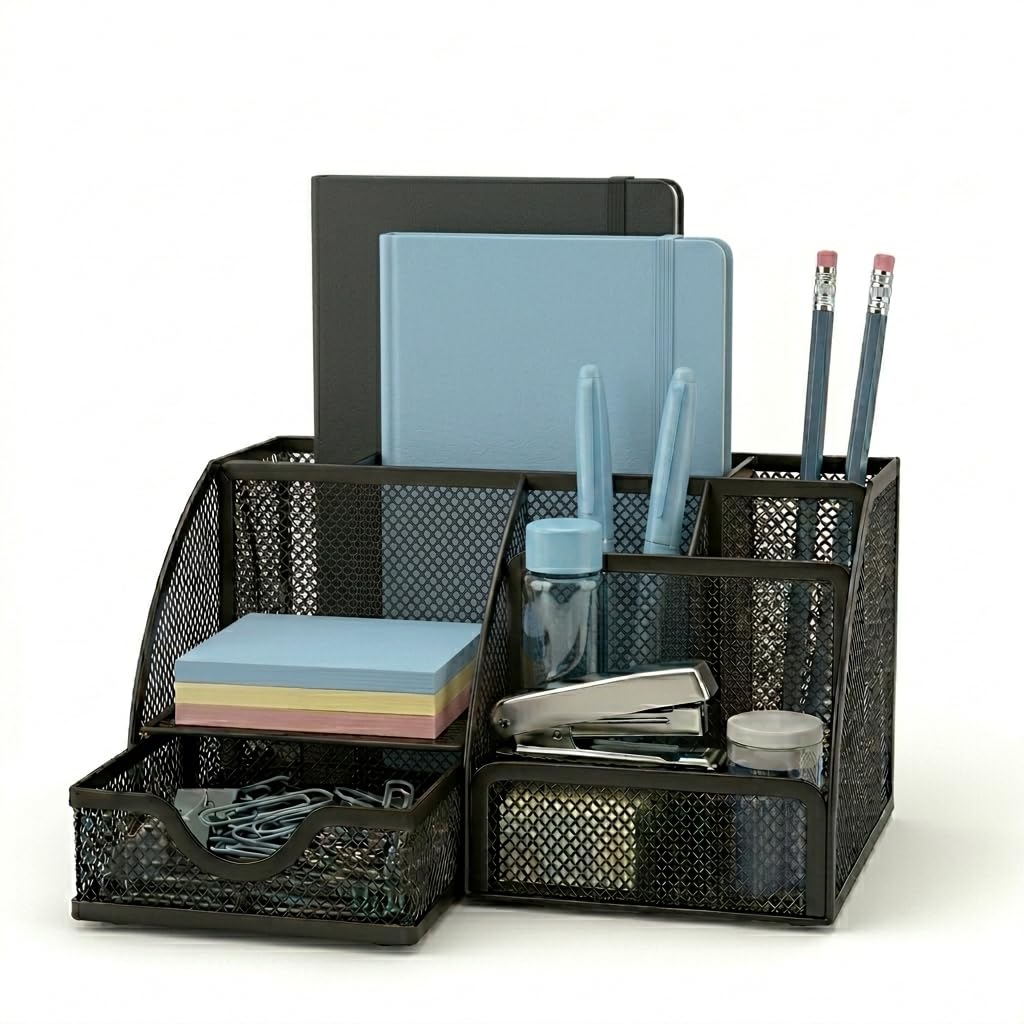 61ifnwbs33L._SL1024_.jpg Metal Mesh Desk Organizer with Drawer | 6 Compartments Pen Stand for Office Table Stylish | Stationary Organizer & Pen Holder for Desk | Study Table Organiser for Office & Home Use - Image 1