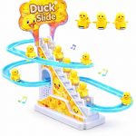 GLITZY Duck Slide Toy Set with 3 Ducklings | Automatic Stair Climbing Duck Roller Coaster Escalator Toy with Flashing Lights & Music | Educational Cartoon Race Track Toy for Kids, Boys & Girls