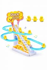 GLITZY Duck Slide Toy Set with 3 Ducklings | Automatic Stair Climbing Duck Roller Coaster Escalator Toy with Flashing Lights & Music | Educational Cartoon Race Track Toy for Kids, Boys & Girls
