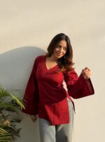ANNI Designer Short Kurti for Women Latest Solid Design | V Neck Full Sleeve Kurti Tops for Women | Stylish Kurtis & Short Kurtis for Woman | Casual Kurti with Jeans | Kurtas for Woman - Image 6