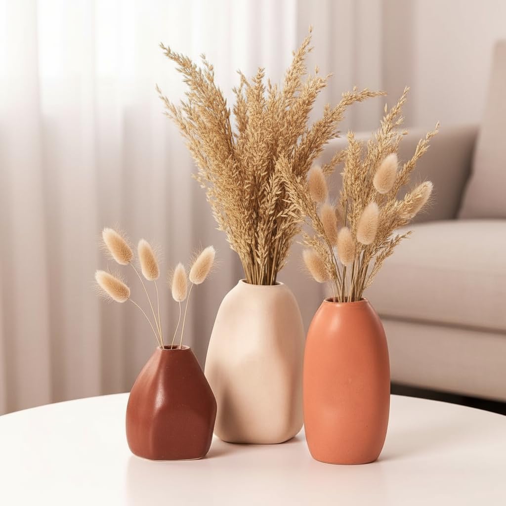 61jsnuWSutL._SL1024_.jpg PUREZENTO Rustic Ceramic Bud Vase - Set of 3 | Centerpiece & Showpiece for Home Decor, Living Room, Bookshelf & Tabletop Styling | Decorative Vase for Pampas Grass, Dried & Artificial Flowers - Image 1