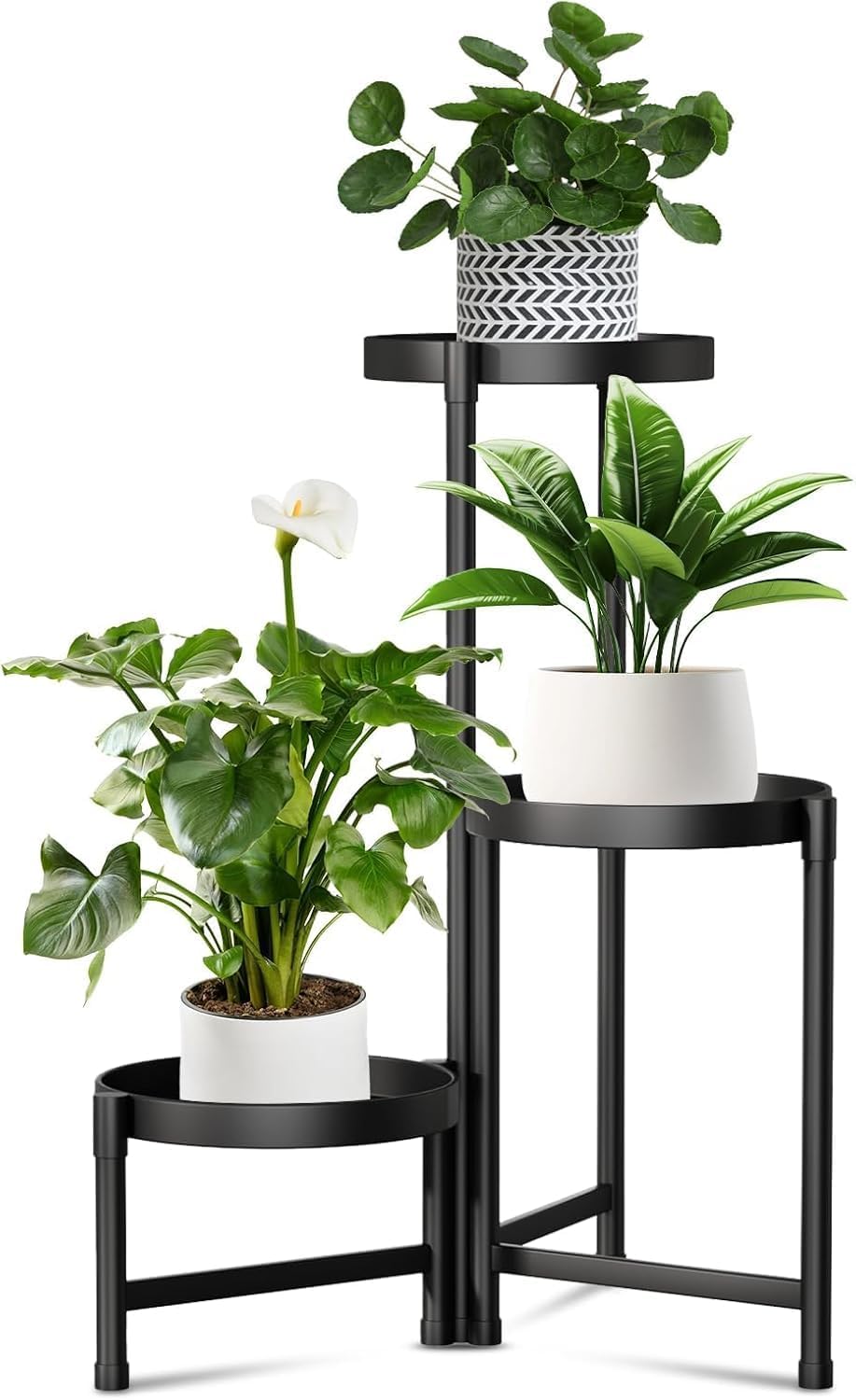 61kBAA-sZOL._SL1500_.jpg Bee Creative 3-Tier Foldable Metal Plant Stand for Indoor & Outdoor | Heavy Duty Iron Flower Pot Stand | Corner Plant Holder Rack | Powder Coated Finish | Balcony, Living Room, Patio & Garden | Black - Image 1