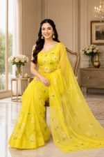 Jogal Women's Floral Designer Hand Brush Painted Zari Organza Saree with Unstitched Blouse Piece - Image 7