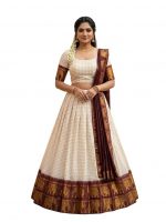 ZITON Kerala Traditional Half Saree Lehenga, Off-White with Maroon Border, Gold Elephant Motif, Complete Set for Onam & Weddings - Image 3