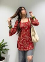 ANNI Designer Women’s Viscose Blend Printed Short Kurti | Straight Fit Casual Ethnic Top | Square Neck Full Sleeve Kurta Office College - Image 4