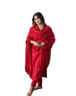 Yashika Women Pink Embroidered Chanderi Fabric Straight Kurta, Pant and Dupatta Set