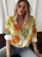 Gufrina Women's Floral Printed Button Down Western Shirt with Collar Neck and Rolled-Up Long Sleeves in Relaxed Fit - Image 2