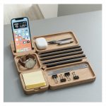 Wooden Desk Organizer with Phone Stand Multi-Compartment Stationery Holder Natural Wood Finish Pen Pencil Desk Storage Box Office and Home Organizer (Pattern-3) - Image 7