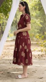 Bollyclues Women's Maroon Printed Midi Dress | Viscose Rayon Shirt Collar Dress with Waist Tie Belt | Short Sleeve Tiered A-Line Casual Summer Dress for Women - Image 4