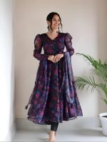 Elegant Botanical Print Flared Anarkali Dress with Sheer Dupatta and Full Sleeves Chic Floral Print Pleated Dress with Sheer Neckline and Long Sleeves - Image 5