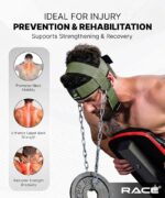 RACE® Neck and Head Strengthening Equipment Weight Harness Thick Padded Adjustable Strap with Heavy Duty Steel Chain & Rings for Gym Crossfit Fitness Training Injury Rehab (Military Green) - Image 2