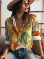 Gufrina Women's Floral Printed Button Down Western Shirt with Collar Neck and Rolled-Up Long Sleeves in Relaxed Fit - Image 4