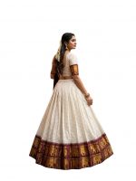 ZITON Kerala Traditional Half Saree Lehenga, Off-White with Maroon Border, Gold Elephant Motif, Complete Set for Onam & Weddings - Image 2