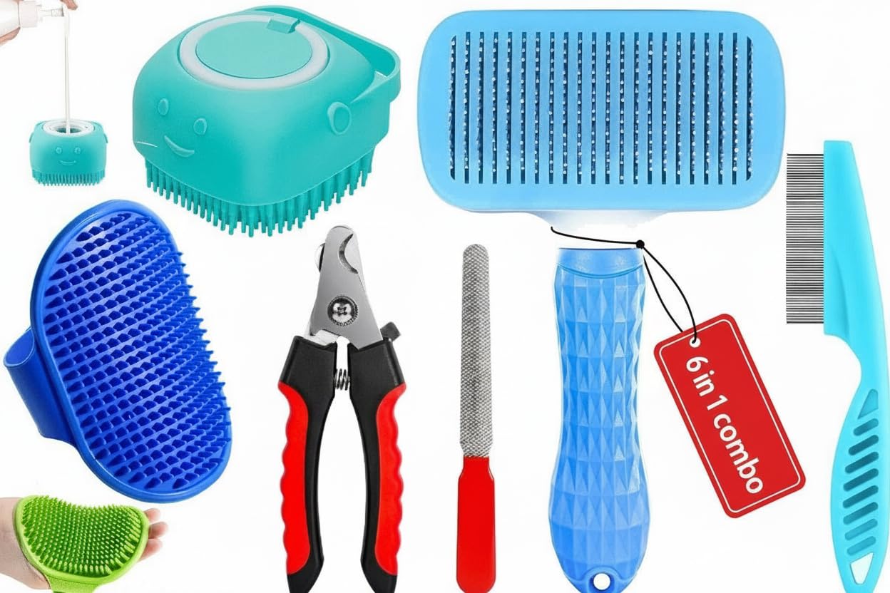 61rgMiZox9L._SL1248_.jpg 6 in 1 Pet Grooming Kit for Dog and Cat with Shedding Brush Nail Clipper Bath Brush Flea Comb and Complete Grooming Tools Set for Home Pet Hair Care Fur Cleaning and Professional Daily Pet Grooming Use - Image 1