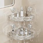 YTHIᵀᴹ Self Adhesive Acrylic Bath Corner Shelf Organiser Self Adhesive Bathroom Shelf Crystal Pattern Design Wall Mounted Storage Rack with Hooks