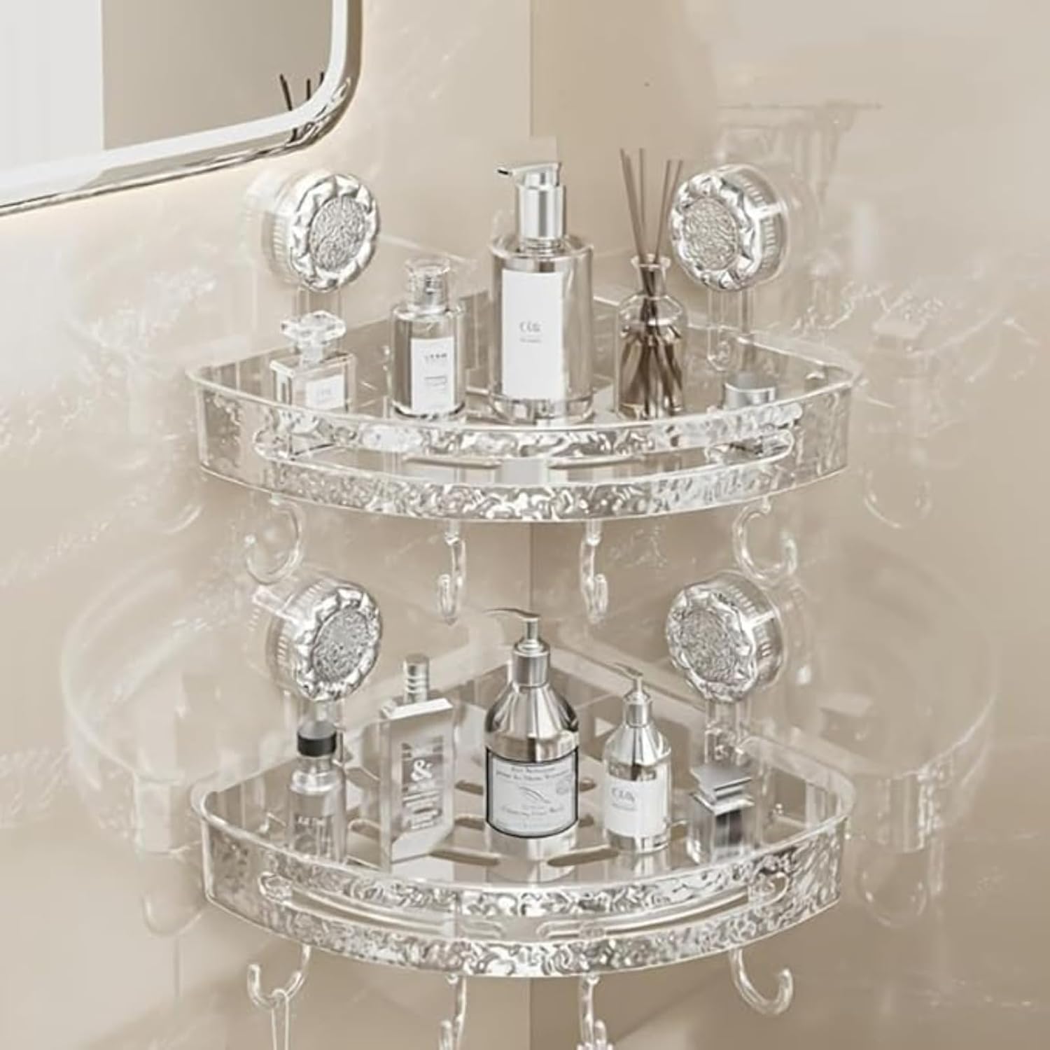 61sBaNyeEZL._SL1500_.jpg YTHIᵀᴹ Self Adhesive Acrylic Bath Corner Shelf Organiser Self Adhesive Bathroom Shelf Crystal Pattern Design Wall Mounted Storage Rack with Hooks - Image 1