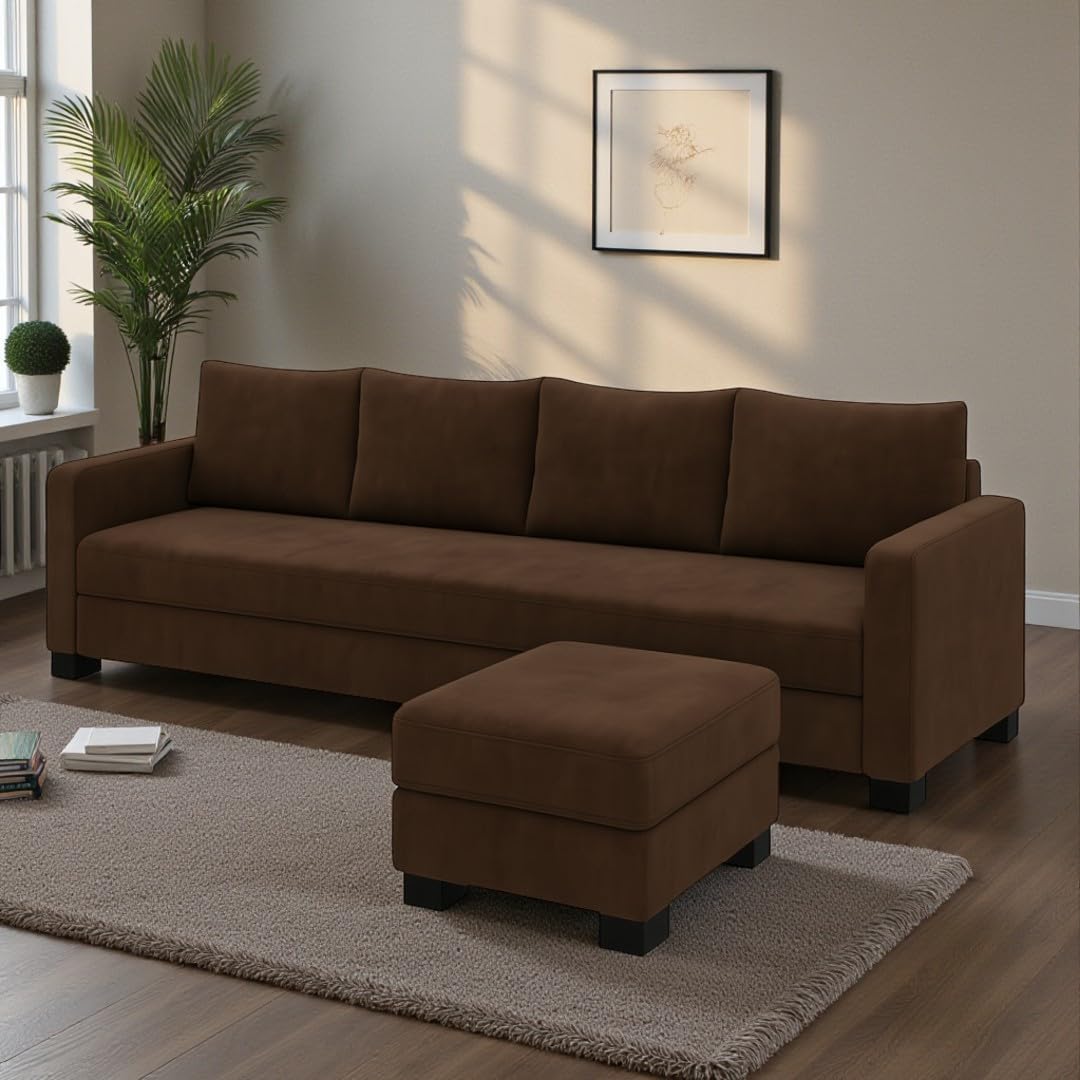 61sWYLGmKbL._SL1080_.jpg FURNY Premium Canvas Fabric 5 Seater L Shape Sofa Set 4 Seater Modern Sofa Set & Ottoman for Living Room (Dark Brown Color) | Durable Comfort | Modern Design | Ideal for Living Room - Image 1