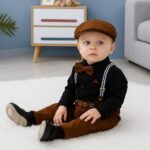 Boys Kids Formal Suspenders Outfit Set – 5-Piece Party Dress with Khaki Trousers, Black Shirt, Suspenders, Bow Tie & Cap | Suit Set For Baby Boy - Image 8