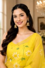 Jogal Women's Floral Designer Hand Brush Painted Zari Organza Saree with Unstitched Blouse Piece - Image 3