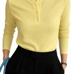 Bollyclues Women’s Ribbed Henley Neck T-Shirt – Soft Stretchable Polyester Blend, Solid Light Yellow Long Sleeve Casual Wear for Office, Daily & Travel