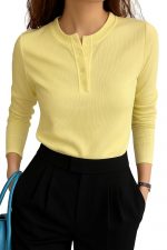 Bollyclues Women’s Ribbed Henley Neck T-Shirt – Soft Stretchable Polyester Blend, Solid Light Yellow Long Sleeve Casual Wear for Office, Daily & Travel