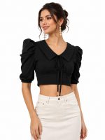 Women's Ribbed Puff Sleeve Crop Top with Peter Pan Collar & Tie Front | Stylish for Girls | Half Sleeve Casual Fashion Apparel | Perfect with Jeans, Skirts, Shorts & Trousers - Image 5
