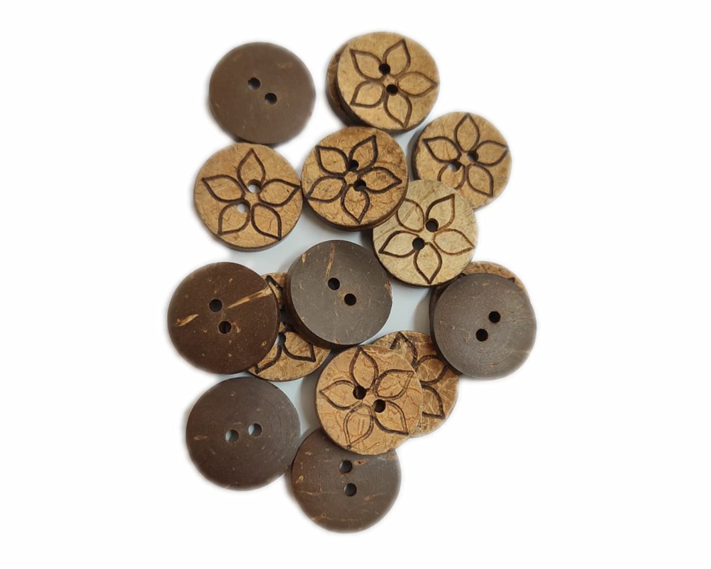 61wmmLGQbvL._SL1450_.jpg Ekta Enterprise Assorted Big Size Natural Coconut Shell Round Wooden Button Flower Laser Printed Dia. 18mm 2 Holed used for Clothing, Curtains, Art and Crafts, DIY Projects, Sweater, Designer Ladies Dress Sleeves, and Sewing Pack of 25 - Image 1