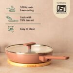 Ember Cookware Arcilla Ceramic Frying Pan 24 cm with Glass Lid | 5-Year Warranty | 75% Less Oil Usage | Lightweight, Non-Toxic Non-Stick Ceramic Frypan | Matching Handle- Gas Compatible | Terracotta - Image 3