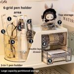 360° Rotating Desk Organizer with 2 Drawers | Multi-Purpose Pen Stand & Stationery Holder | Smooth Steel Ball Bearing For Office, Study & Home Desk Storage I Makeup Brush Holder Makeup Organizer - Image 2