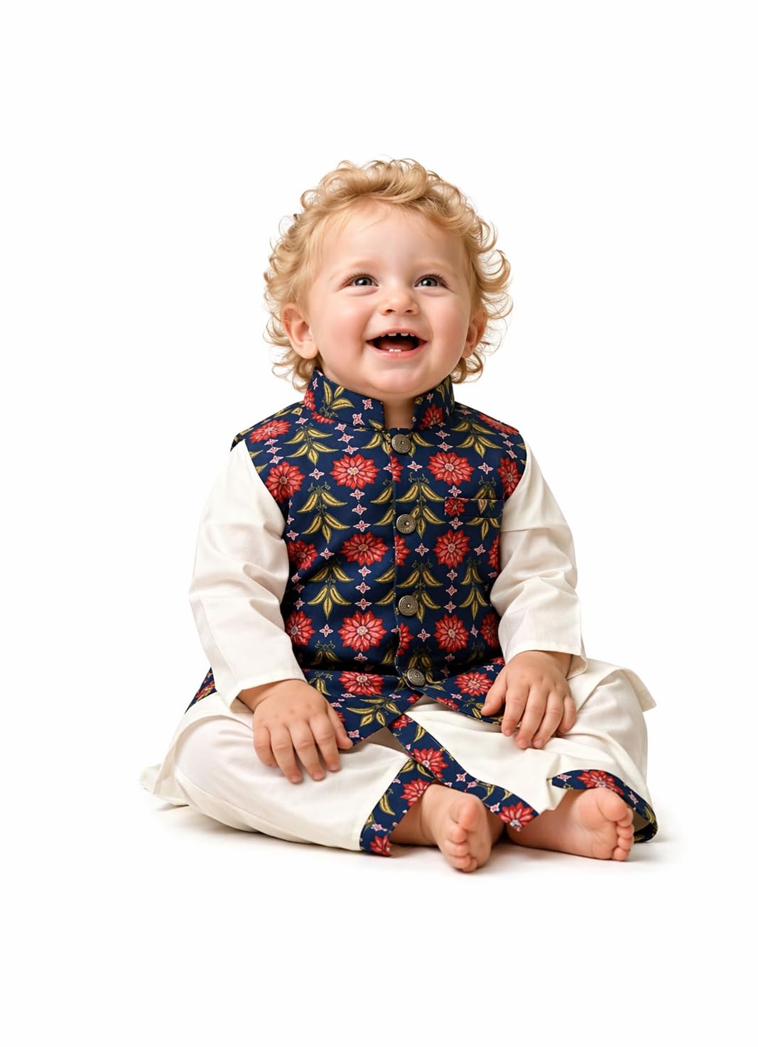 61z3soaOWJL._SL1474_.jpg A.T.U.N. (ALL THINGS UBER NICE) Baby Boys 100% Cotton Ethnic Kurta Pyjama Set with Printed Nehru Jacket | Traditional Indian Festive Clothing Set for Infants | Elegant Wedding Celebration Outfit - Image 1
