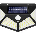 Solar Motion Sensor LED Bright White Light Outdoor for Home Wall Room Balcony Garage Backyard Garden with 100 LEDs (Pack of 1)