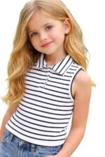 Girl's Cotton Blend Casual Top with Collar Neck Sleeveless Solid Pattern Modern Style Relaxed Fit and Waist Length