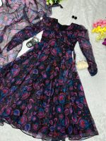 Elegant Botanical Print Flared Anarkali Dress with Sheer Dupatta and Full Sleeves Chic Floral Print Pleated Dress with Sheer Neckline and Long Sleeves - Image 2