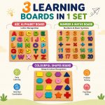 Wooden Alphabet, Number, and Shapes Puzzles for Toddlers - Montessori Educational Learning Toy Set for Boys & Girls - Chunky Colorful Peg Puzzles for 3+ Year Olds, 3-Pack - Image 7