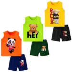 TS LAVI TAVI Baby Cotton Clothing Set | Sleeveless T-Shirt & Shorts Combo | Summer Wear for Boys & Girls | Soft Breathable Fabric | Multicolor Pack of 3